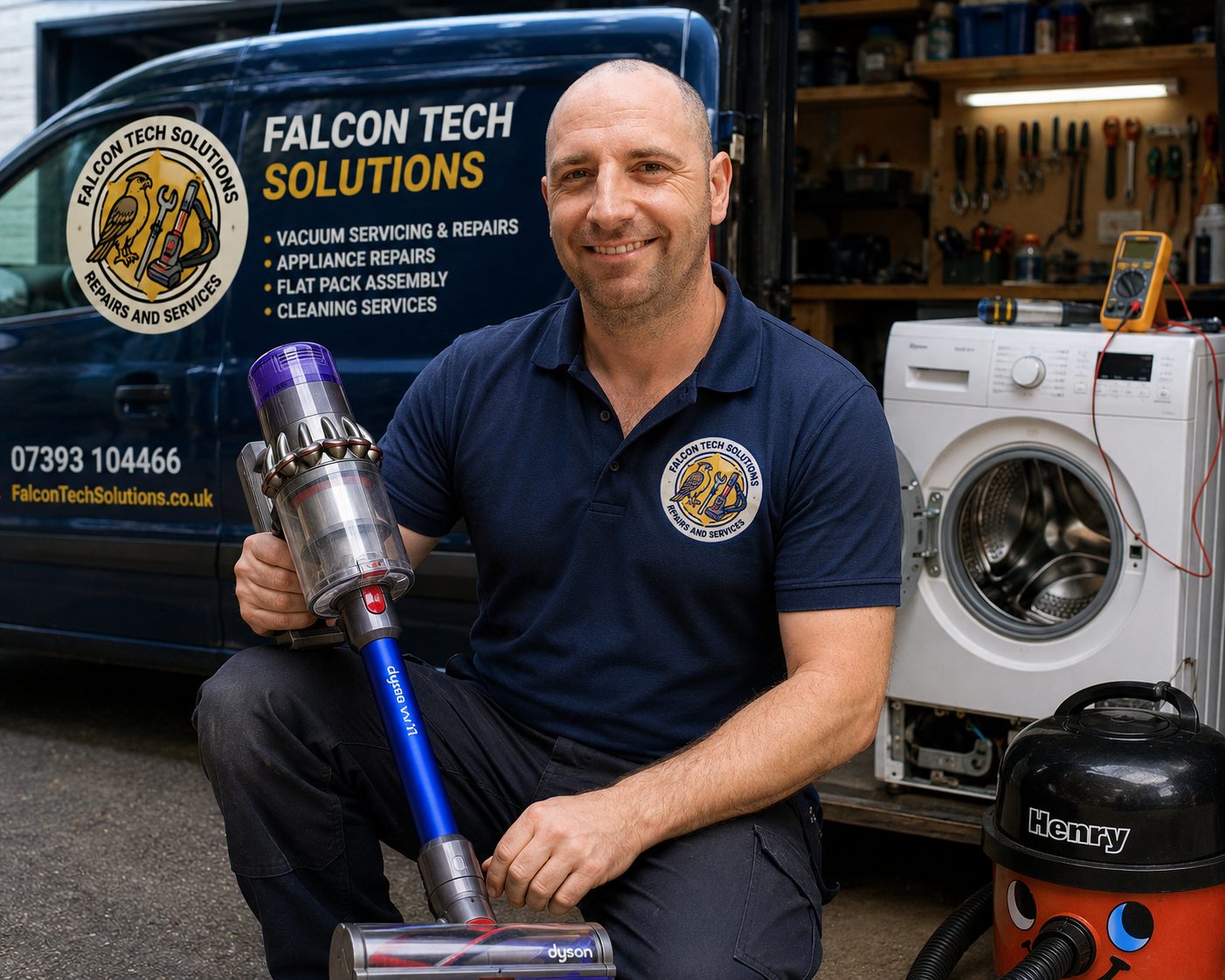Ray from Falcon Tech Solutions with branded van, Dyson vacuum and Henry vacuum in Harlow