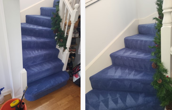 RJB Pro Cleans carpet cleaning results showing cleaned blue stairs and landing in Essex